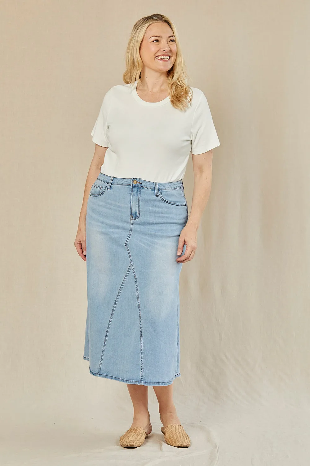 Adrift Denim Midi Skirt in Light Wash