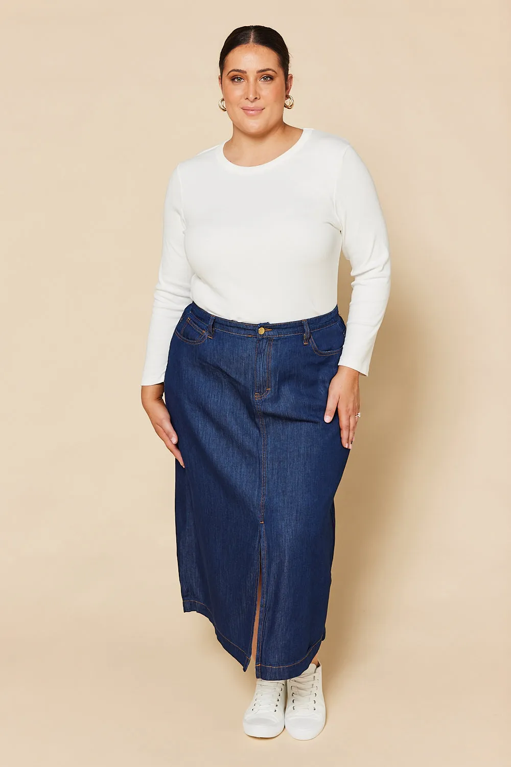 Adrift Split Tencel Skirt in Dark Wash