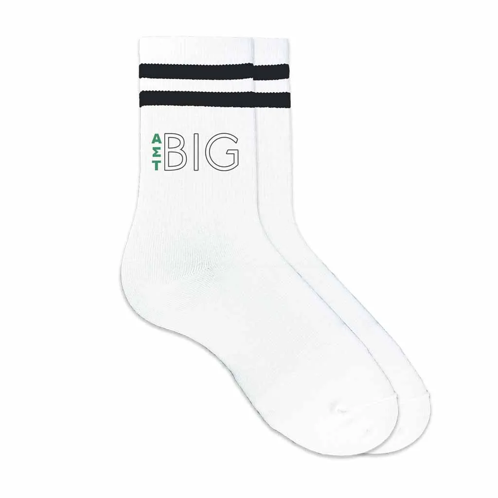 Alpha Sigma Tau Sorority Socks for your Big and Little with Greek Letters on Striped Cotton Crew Socks