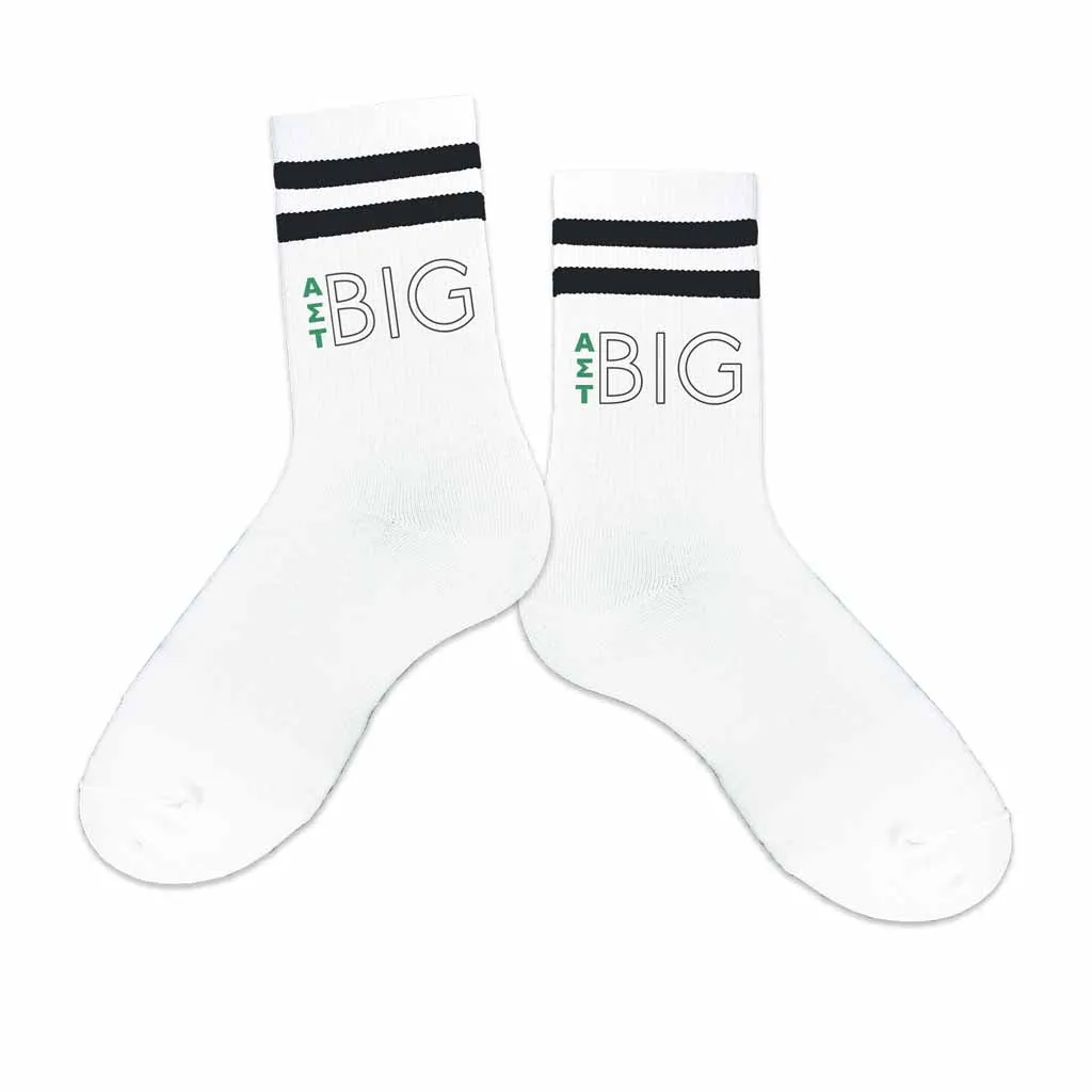 Alpha Sigma Tau Sorority Socks for your Big and Little with Greek Letters on Striped Cotton Crew Socks