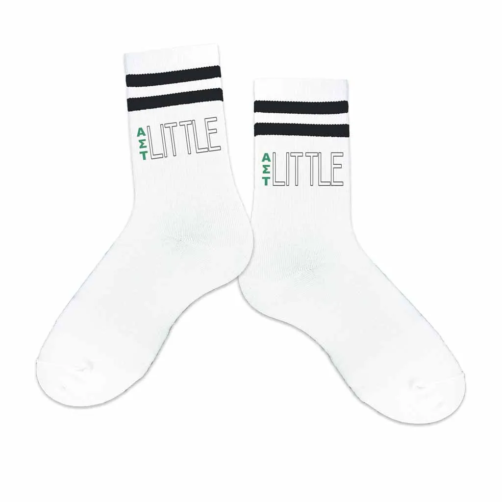 Alpha Sigma Tau Sorority Socks for your Big and Little with Greek Letters on Striped Cotton Crew Socks