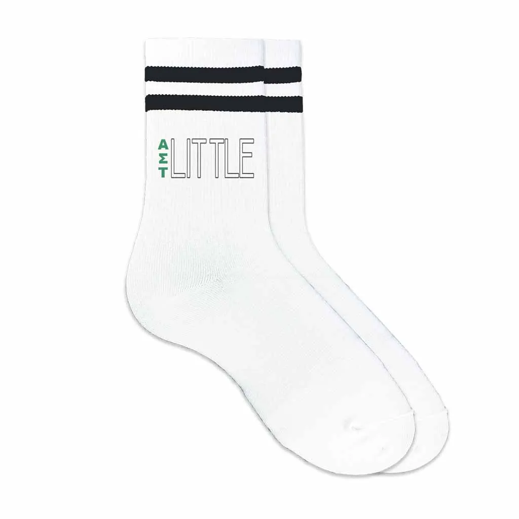 Alpha Sigma Tau Sorority Socks for your Big and Little with Greek Letters on Striped Cotton Crew Socks