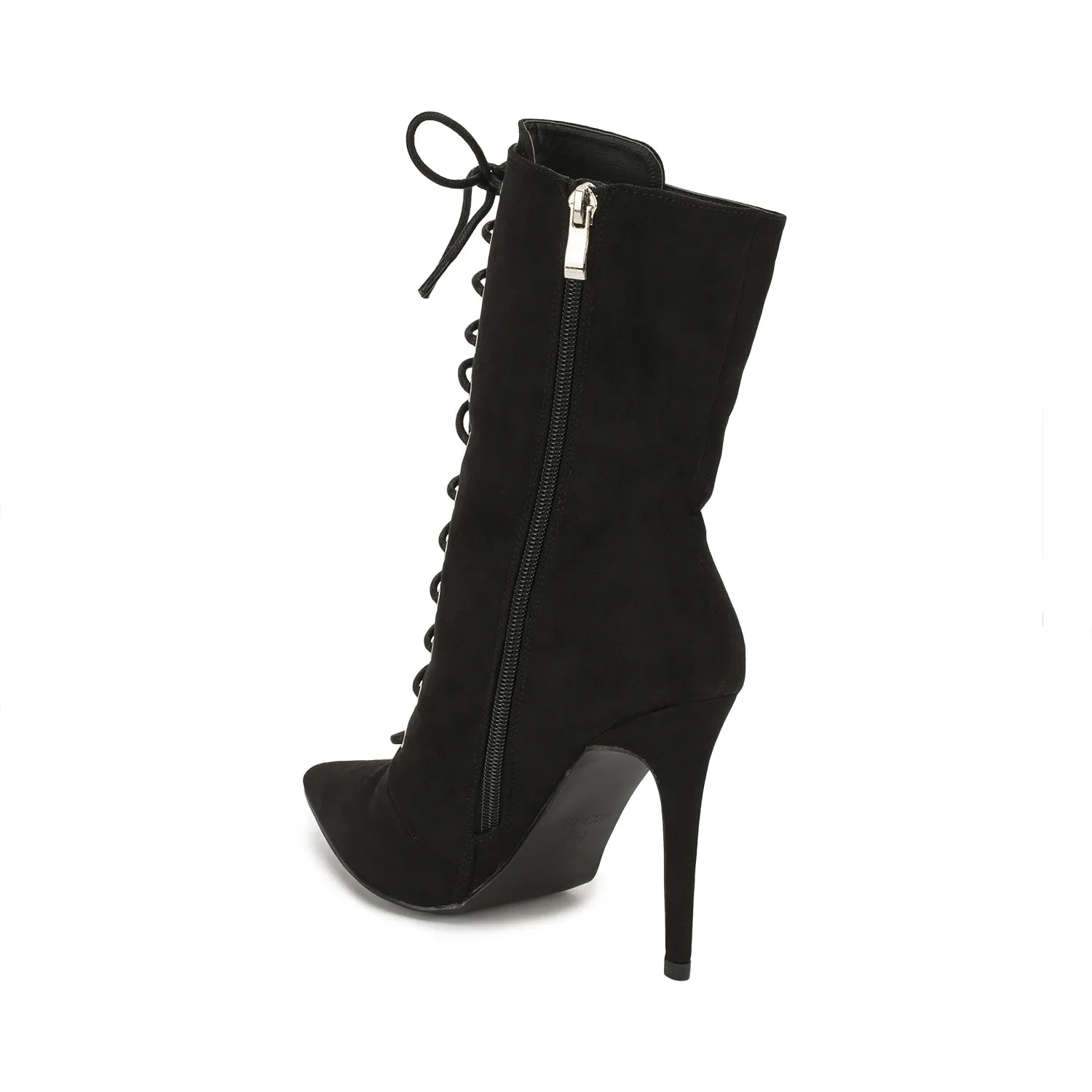 Black Faux Suede Stiletto Lace Up Ankle Boots