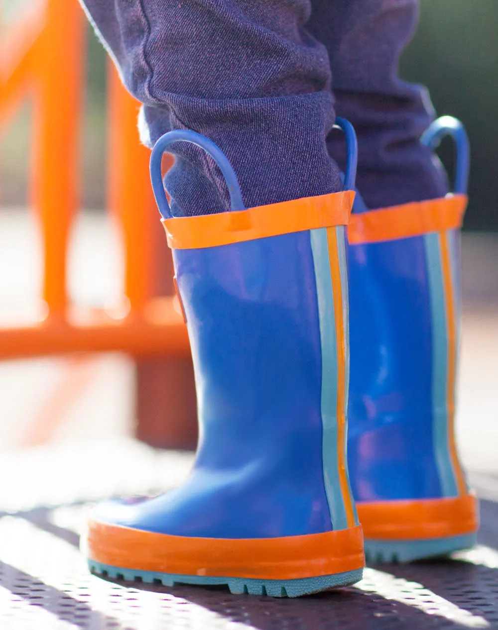 Blue, Orange & Aqua Loop Handle Rubber Rain Boots