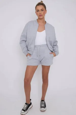 Bomber Neck Zip Through Top and  Shorts Loungewear Set Grey