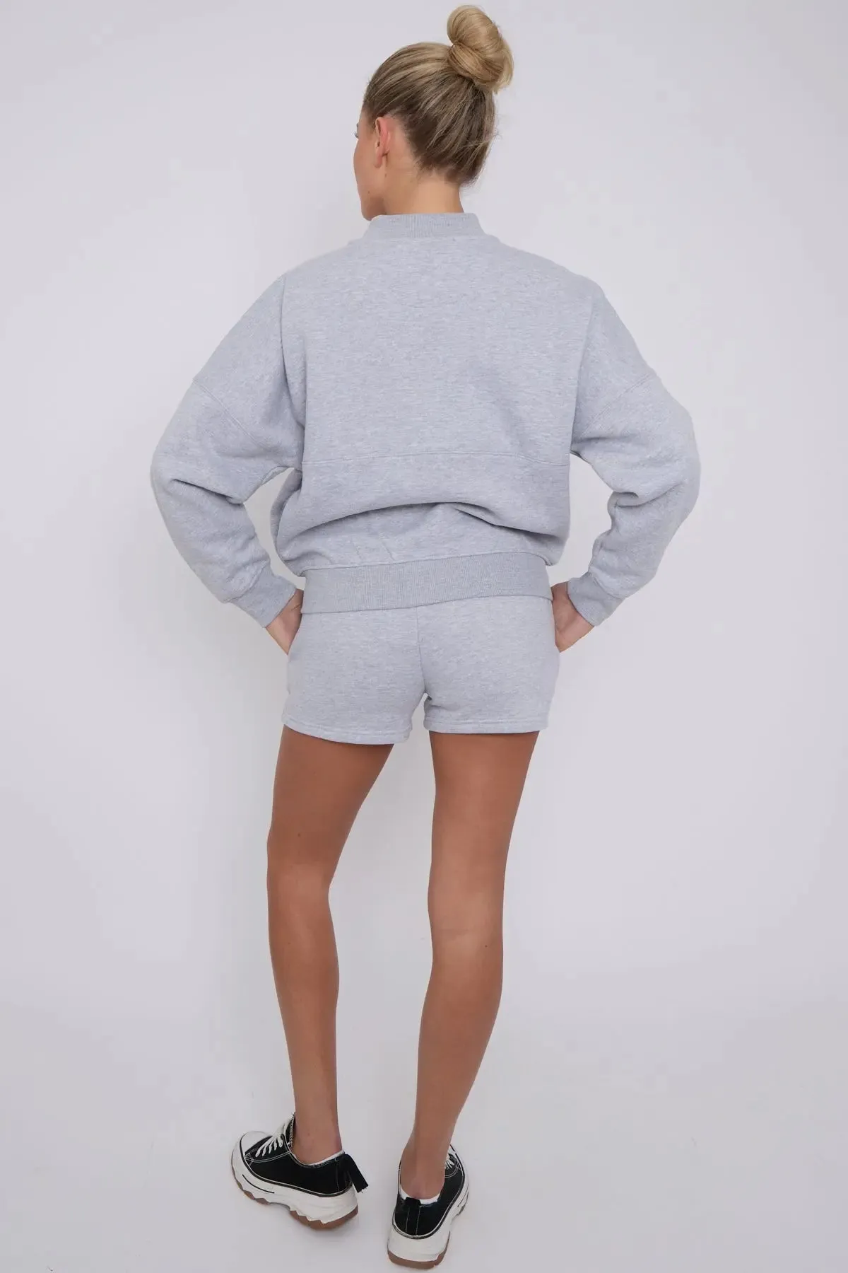 Bomber Neck Zip Through Top and  Shorts Loungewear Set Grey