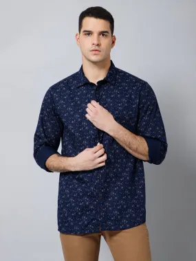 Cantabil Cotton Floral Printed Full Sleeve Regular Fit Navy Blue Casual Shirt with Pocket for Men