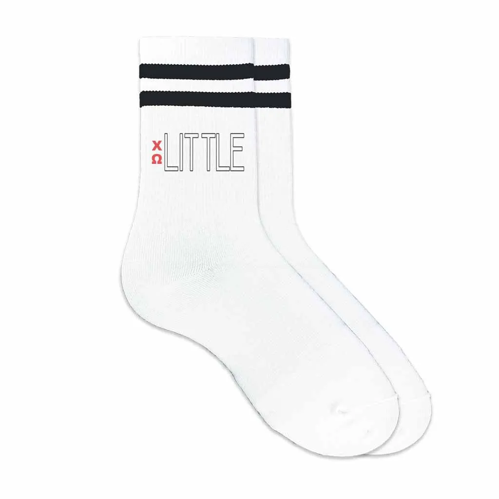 Chi Omega Sorority Socks for your Big and Little with Greek Letters on Striped Cotton Crew Socks