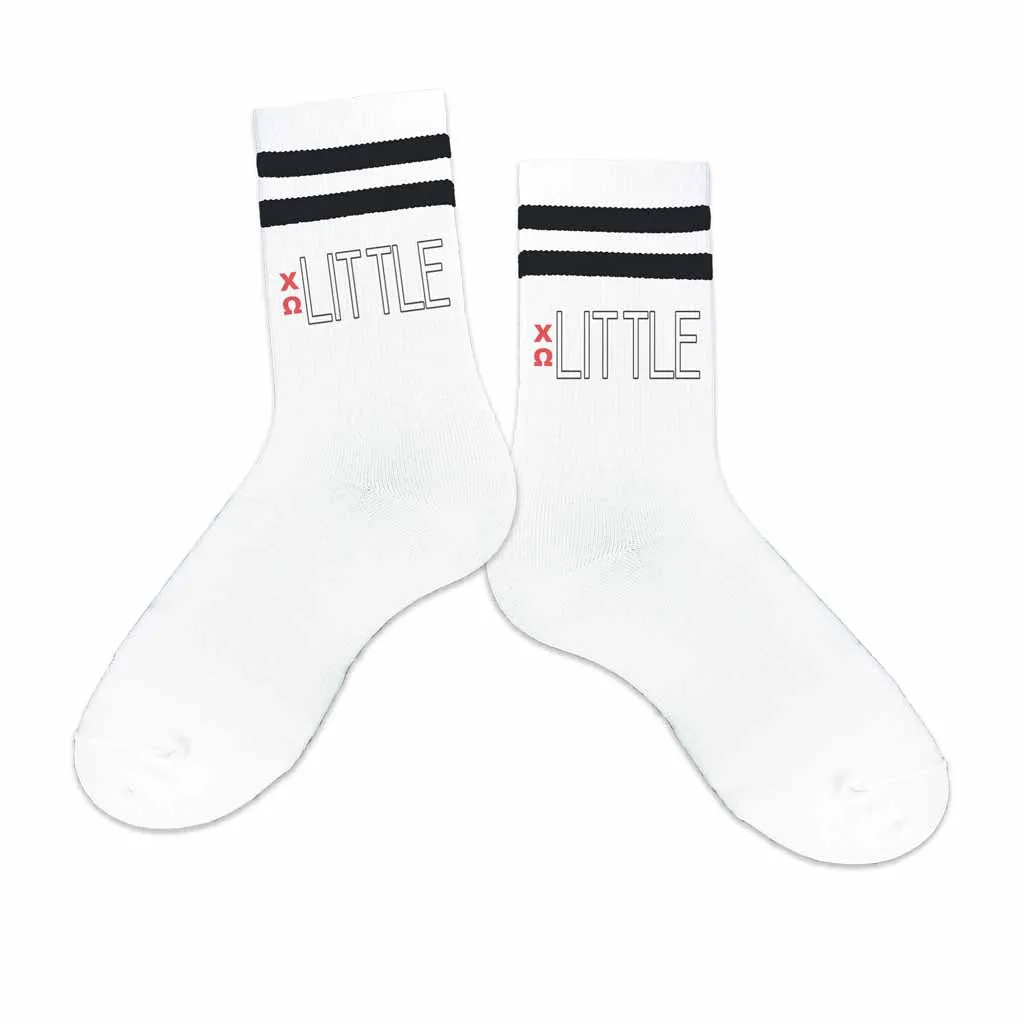 Chi Omega Sorority Socks for your Big and Little with Greek Letters on Striped Cotton Crew Socks