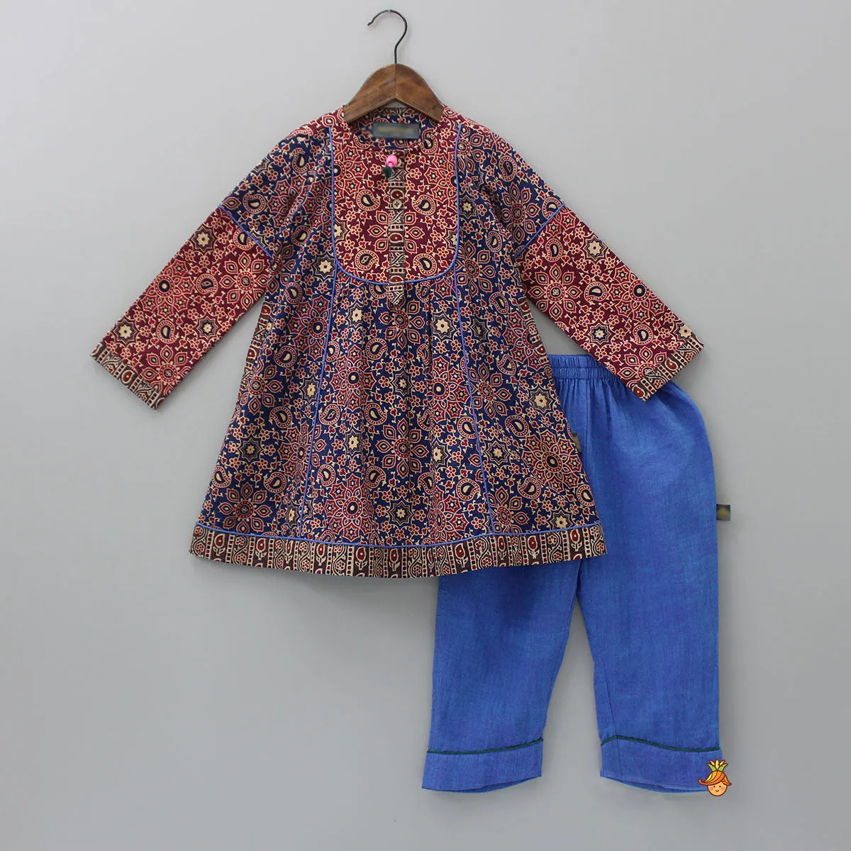 Cotton Ajrakh Printed Kurti With Blue Pant