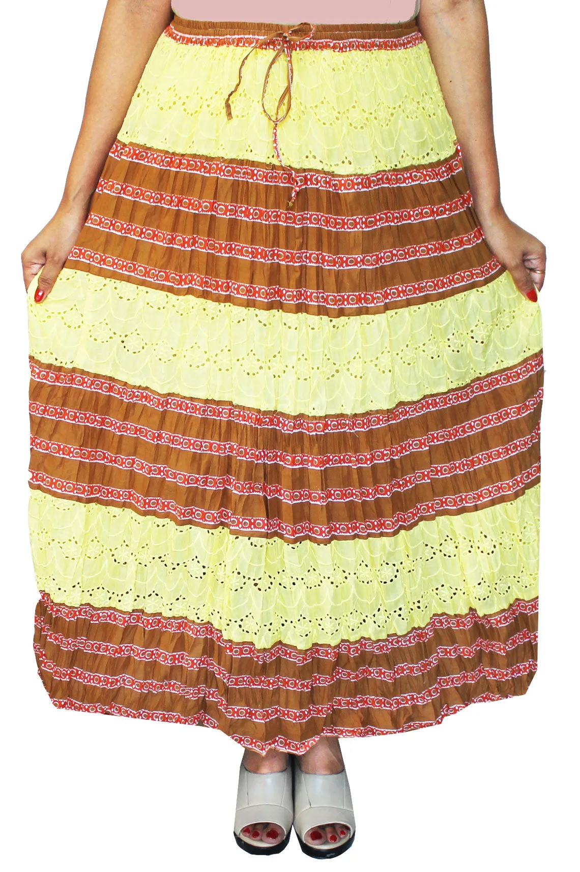 Cotton Printed Long  Skirt Womens Embroidered Indian Clothing (Yellow)