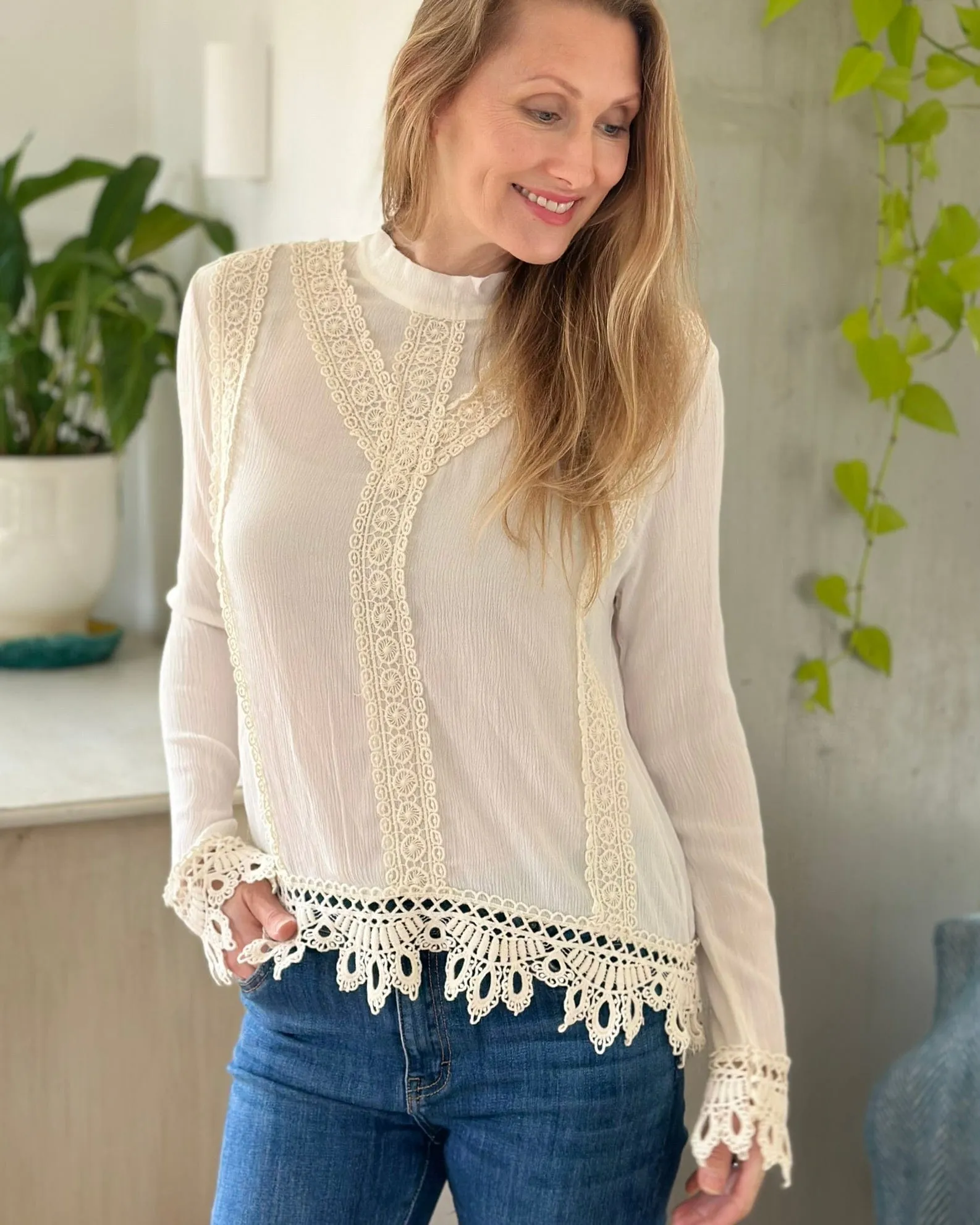 Crochet Lace Detail Patterned Top - Ecru