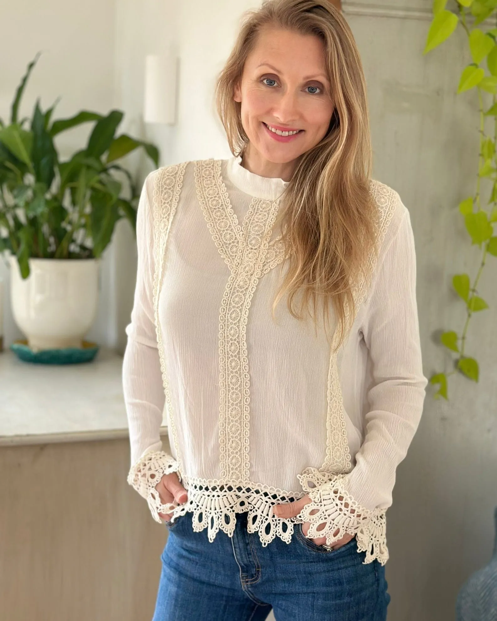 Crochet Lace Detail Patterned Top - Ecru