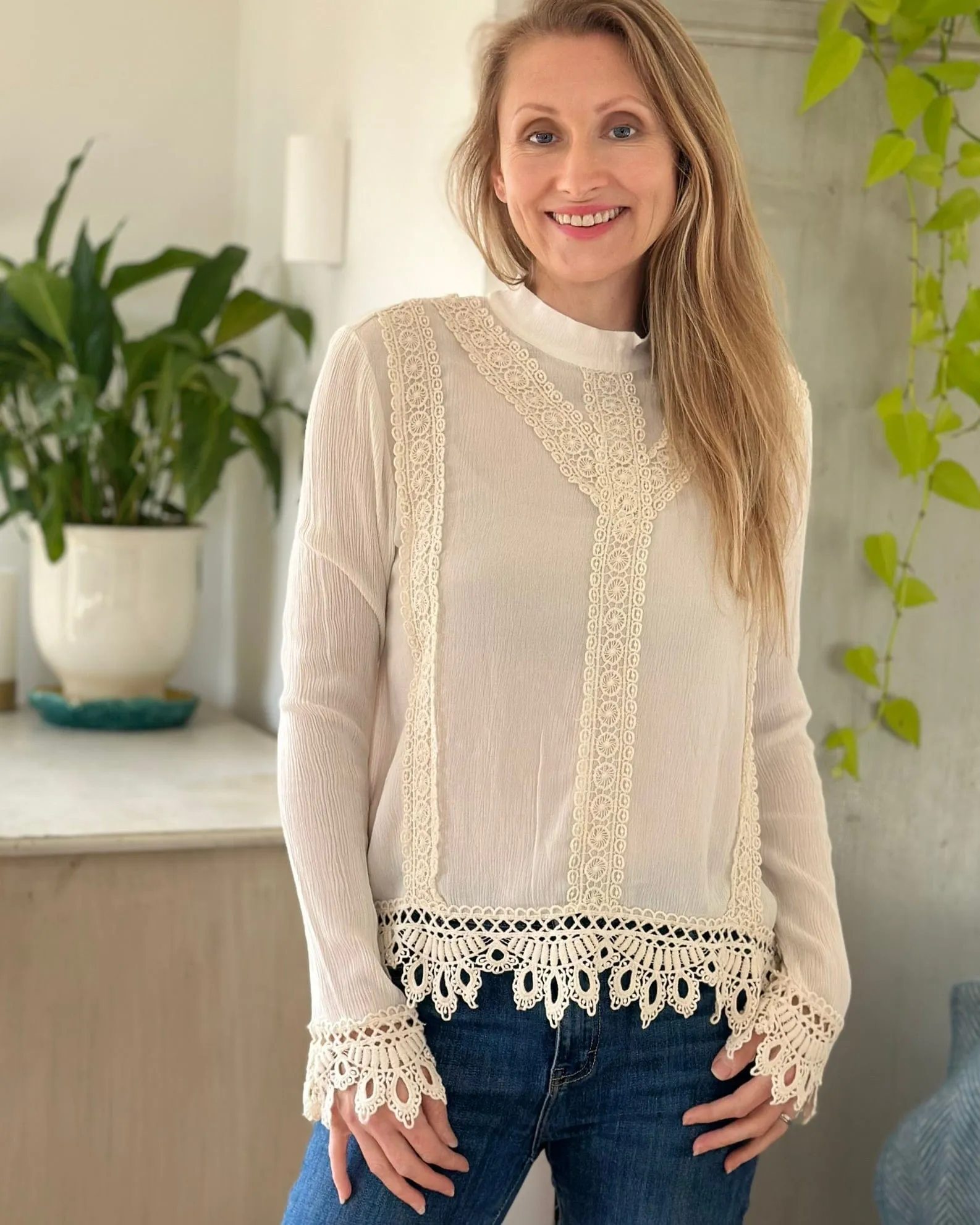 Crochet Lace Detail Patterned Top - Ecru