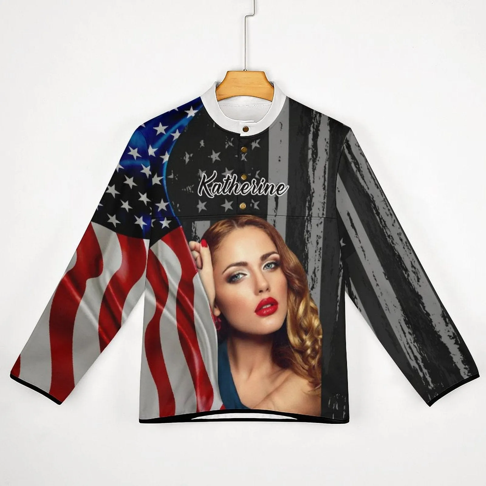 Custom Face&Name US Flag Loose Sweatshirts Personalized Men's Stand Collar Sweatshirts