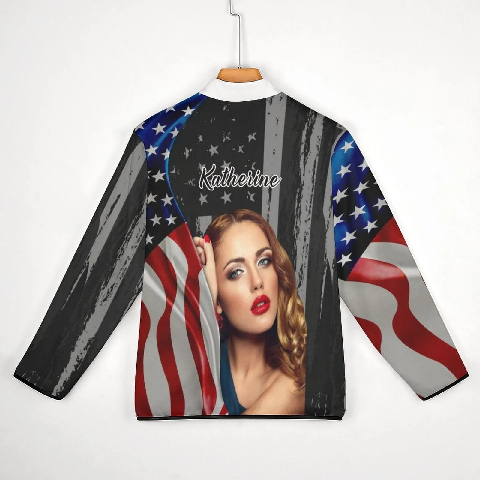 Custom Face&Name US Flag Loose Sweatshirts Personalized Men's Stand Collar Sweatshirts