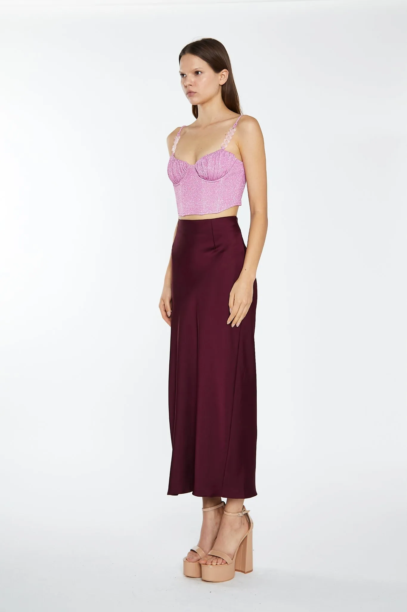 Deep-Burgundy Satin Side-Split Maxi-Skirt