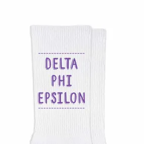 Delta Phi Epsilon Crew Socks with Delta Phi Epsilon Name in Sorority Colors