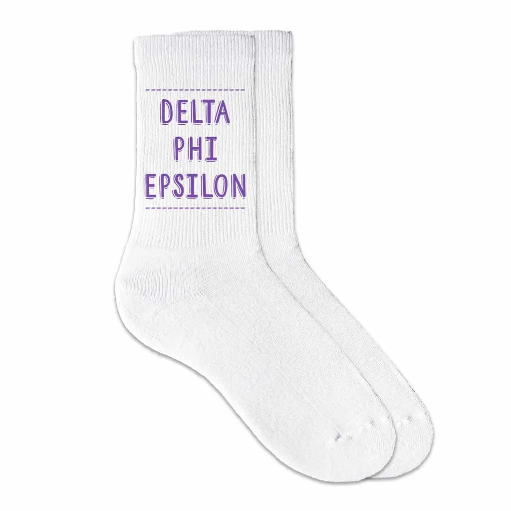 Delta Phi Epsilon Crew Socks with Delta Phi Epsilon Name in Sorority Colors