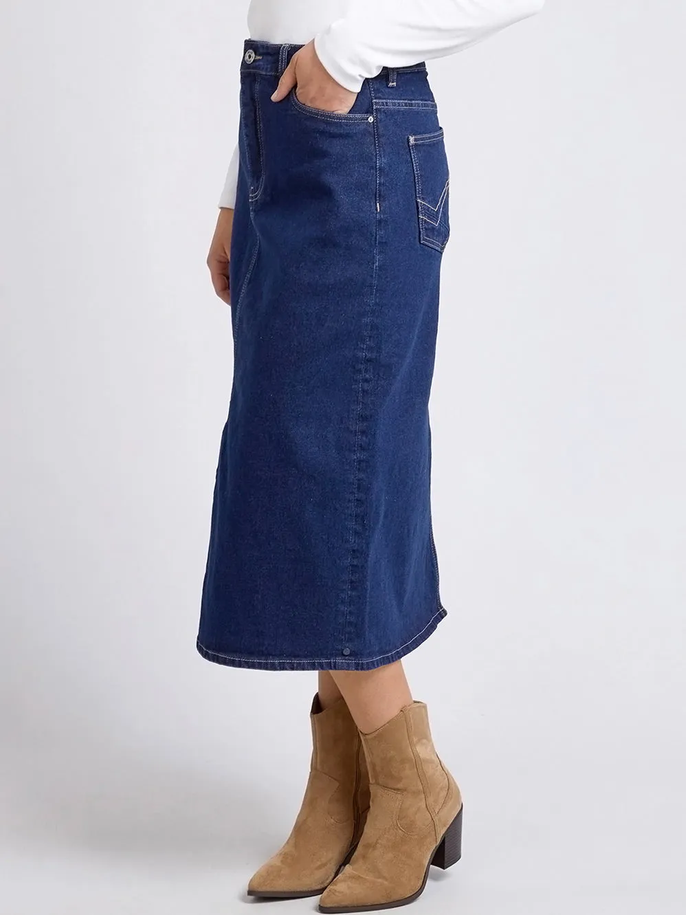 ELM ELOISE DENIM MIDI SKIRT