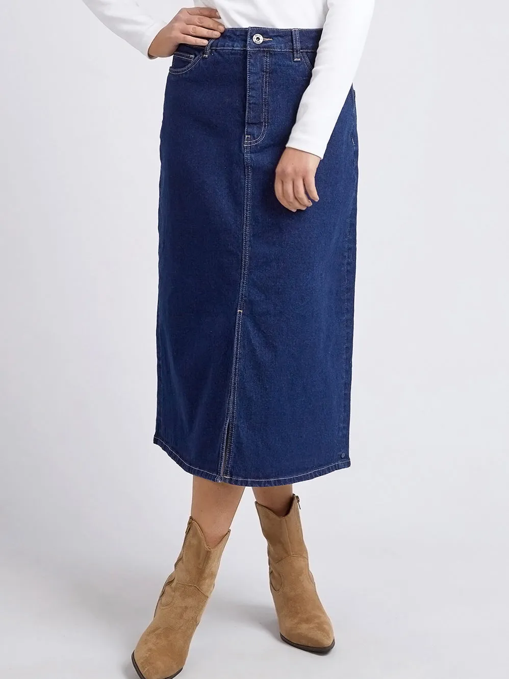 ELM ELOISE DENIM MIDI SKIRT