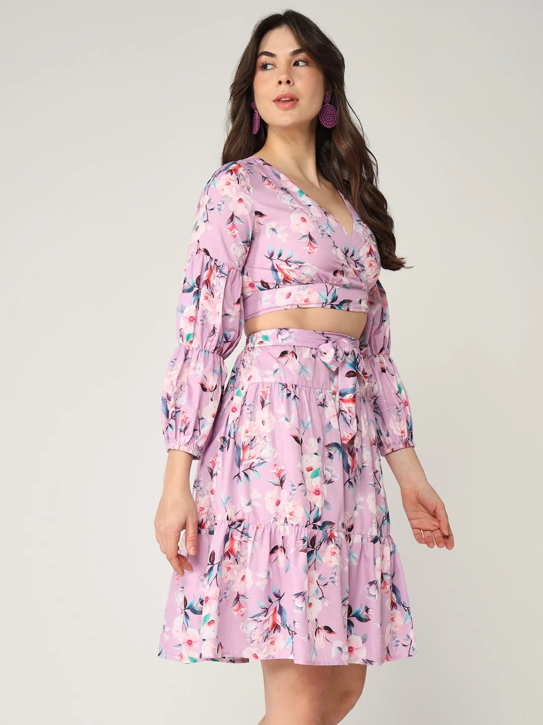 Floral Printed Crop Top With Fit-Flare Skirt Set