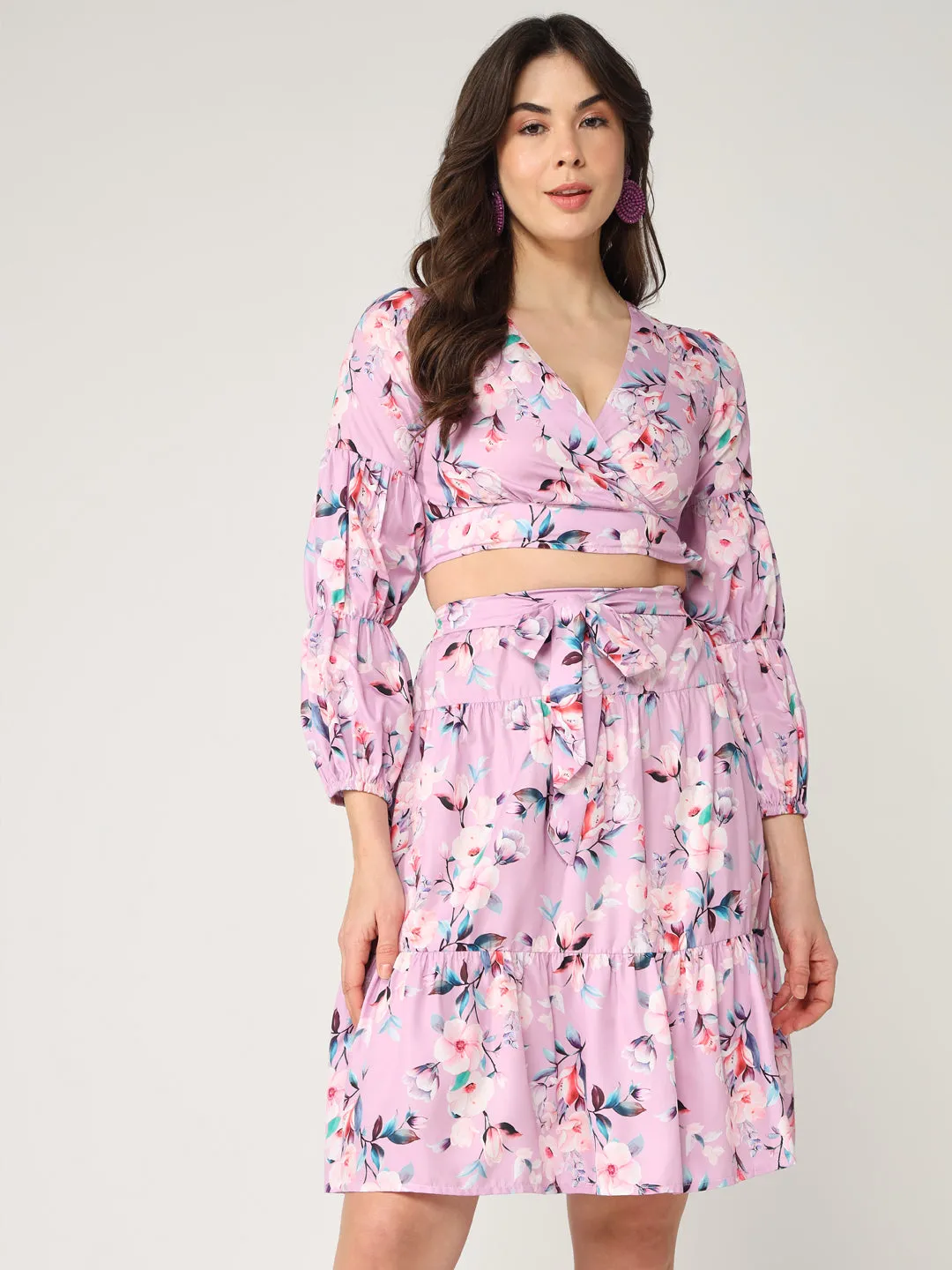 Floral Printed Crop Top With Fit-Flare Skirt Set