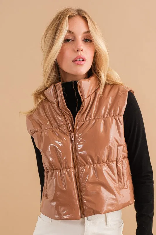 Gloss Shiny PU Quilted Puffer Zip Up Crop Vest