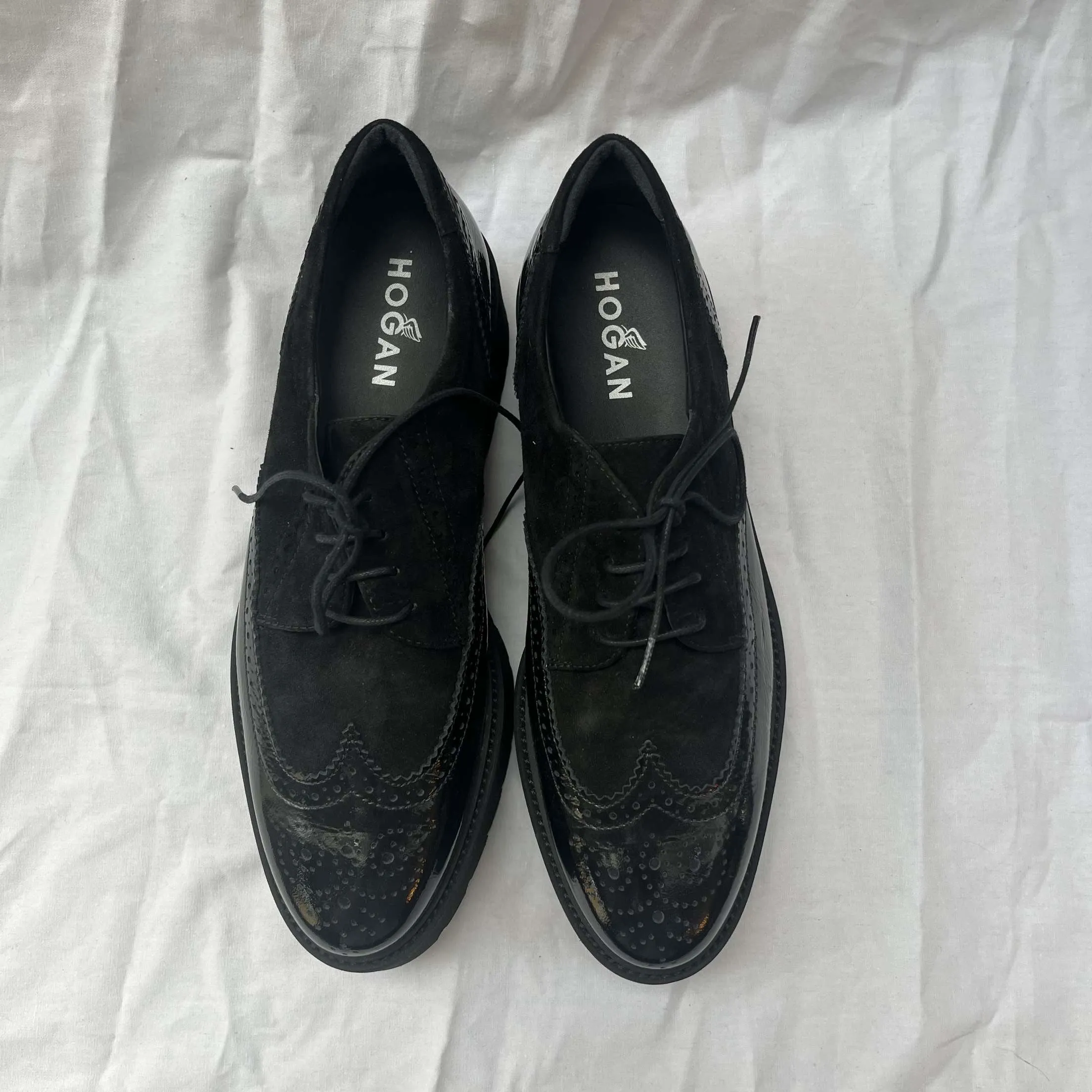 Hogan Black Patent & Suede Flatform Brogues 40