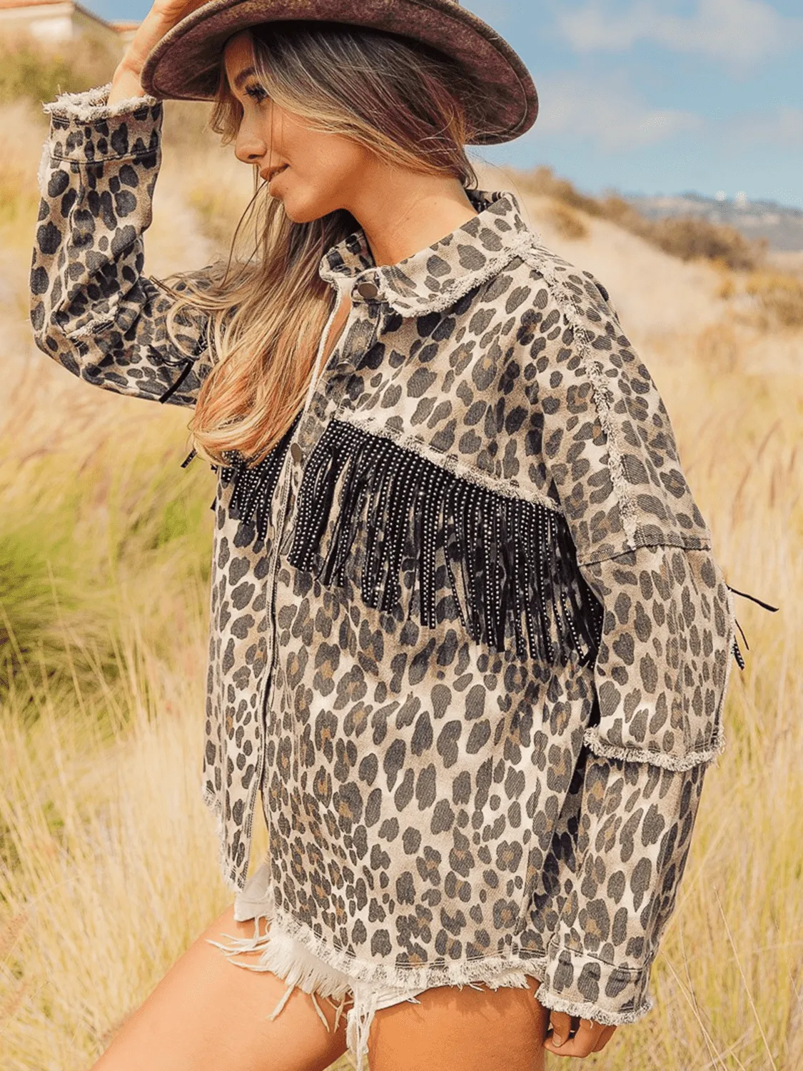 Leopard Fringe Detail Collared Neck Denim Jacket