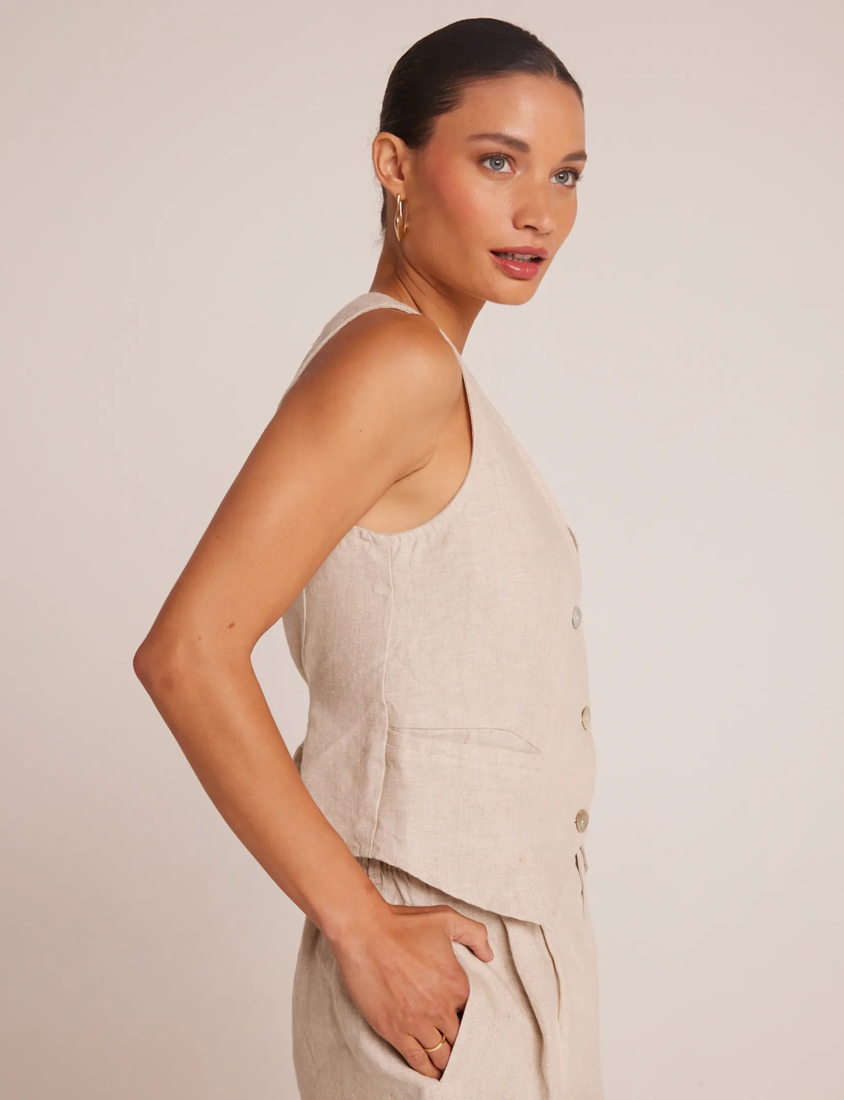 Linen Cinch Back Vest, Sand