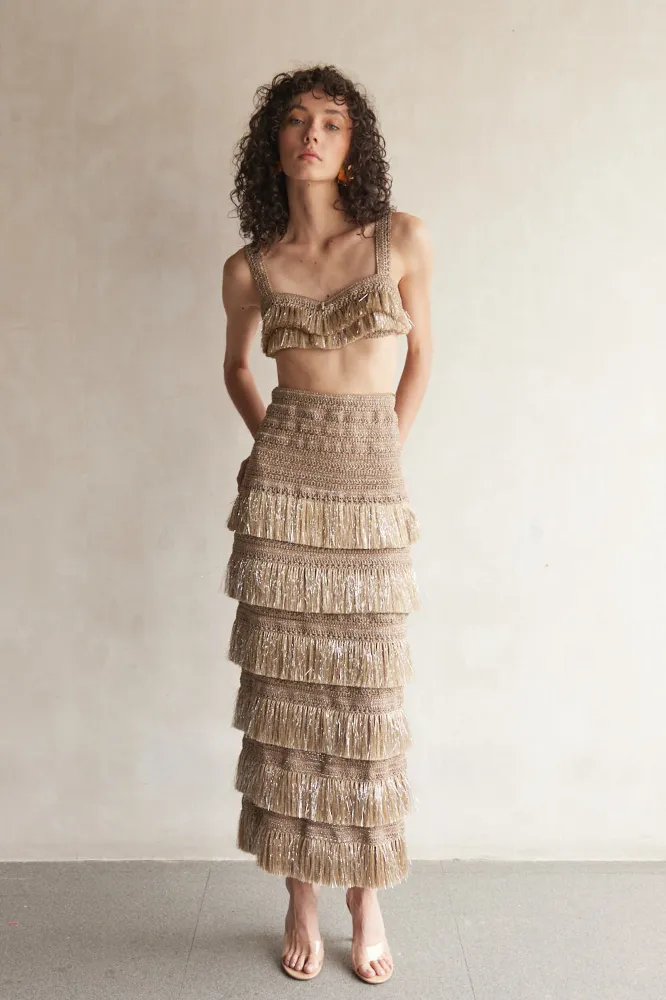 Metallic Fringe Maxi Skirt & Bralette