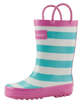 Mint, White & Pink Loop Handle Rubber Rain Boots