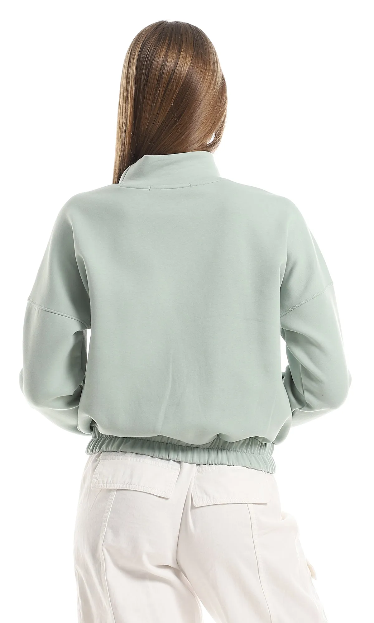 O153037 Ring Neck Cropped Sweatshirt With Elasticated Waist - Mint Green