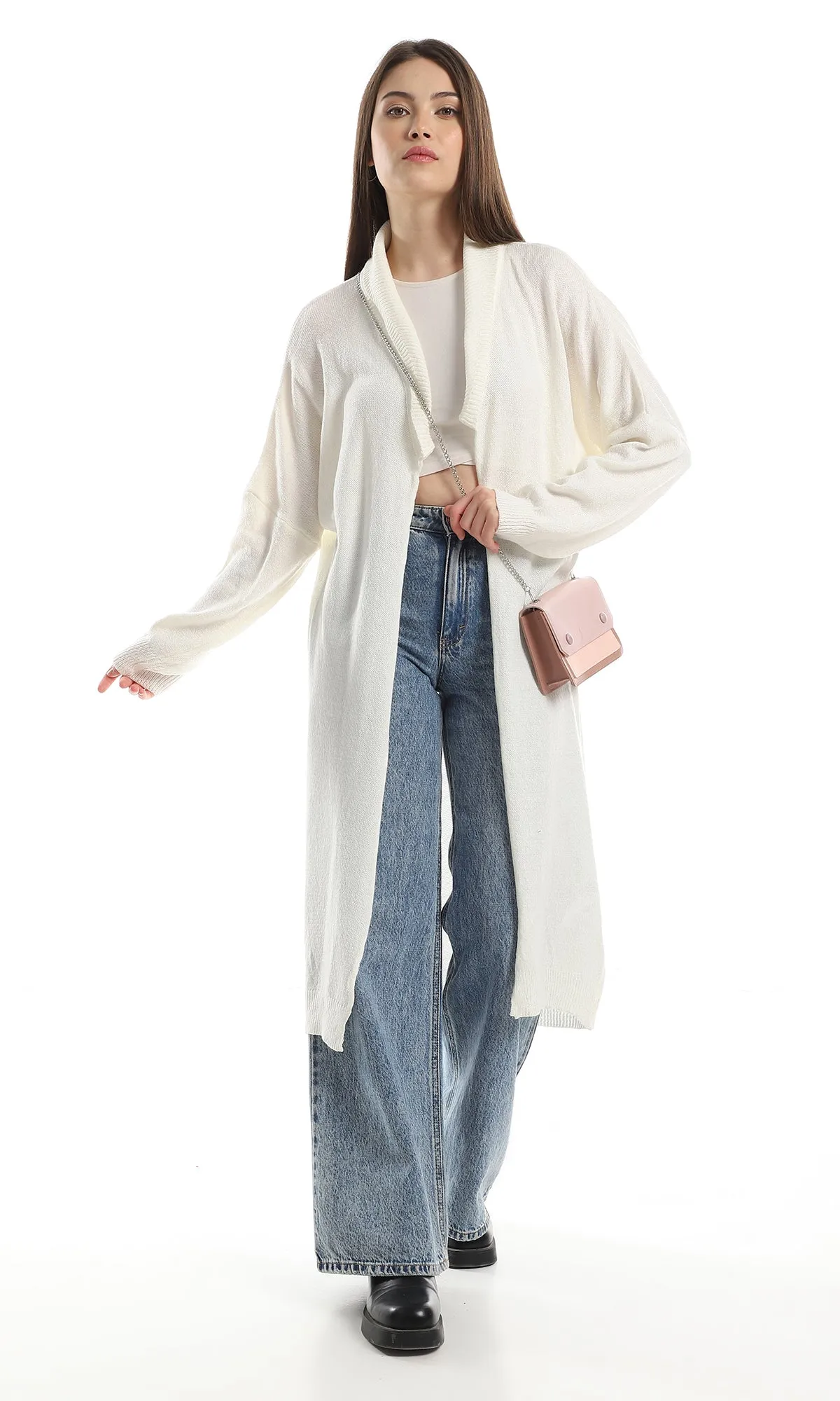 O158263 Acrylic Turn Down Open Neck Cardigan - Off White