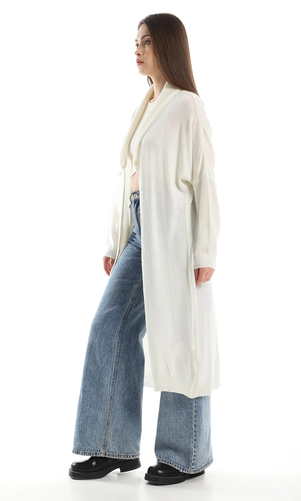 O158263 Acrylic Turn Down Open Neck Cardigan - Off White