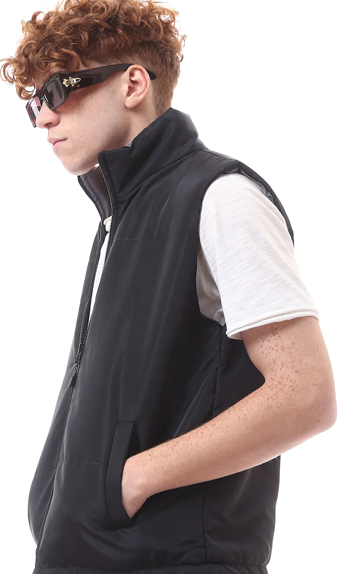 O173705 Double Face Dark Grey & Black Zipped Solid Vest