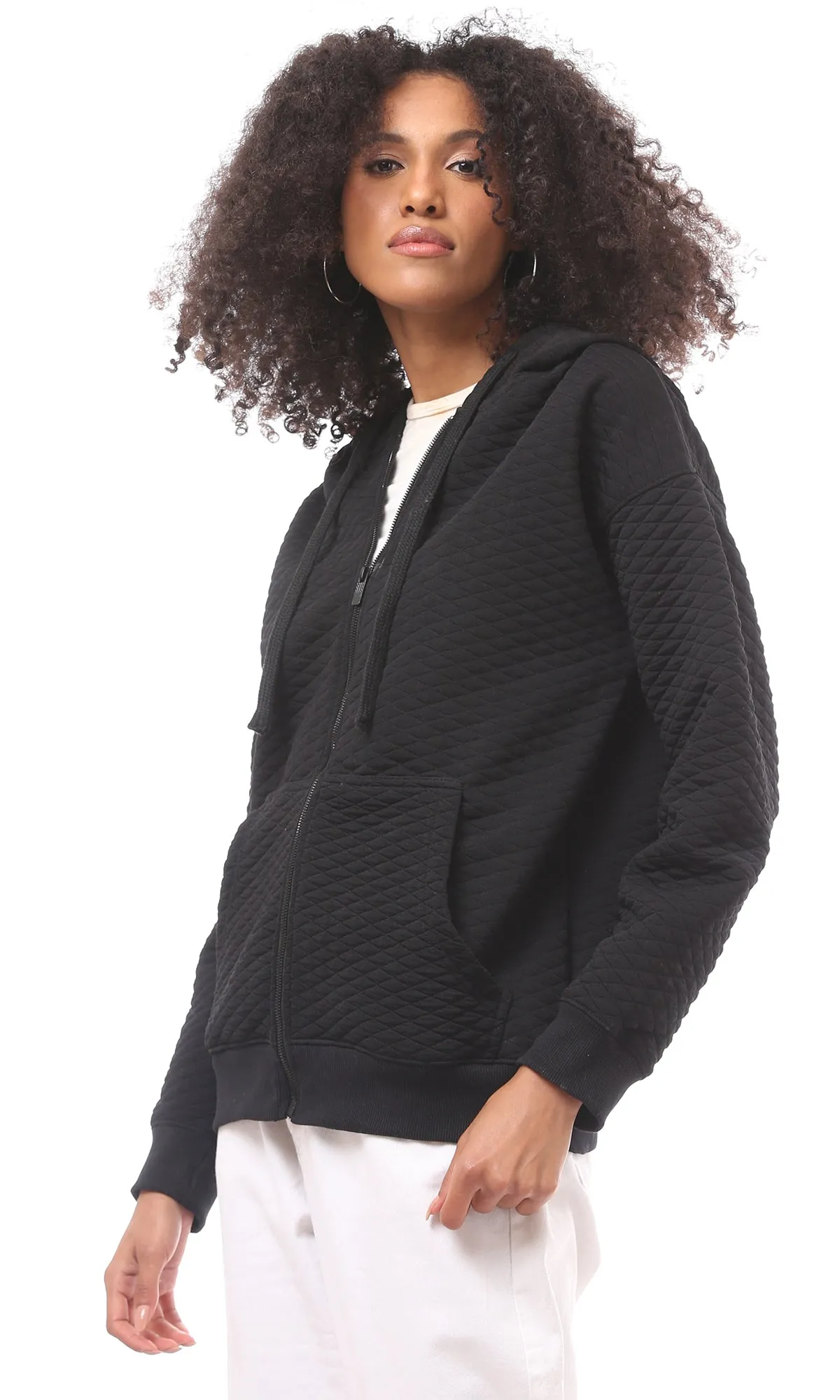 O175013 Self Stitched Front Zipper Black Sweatshirt