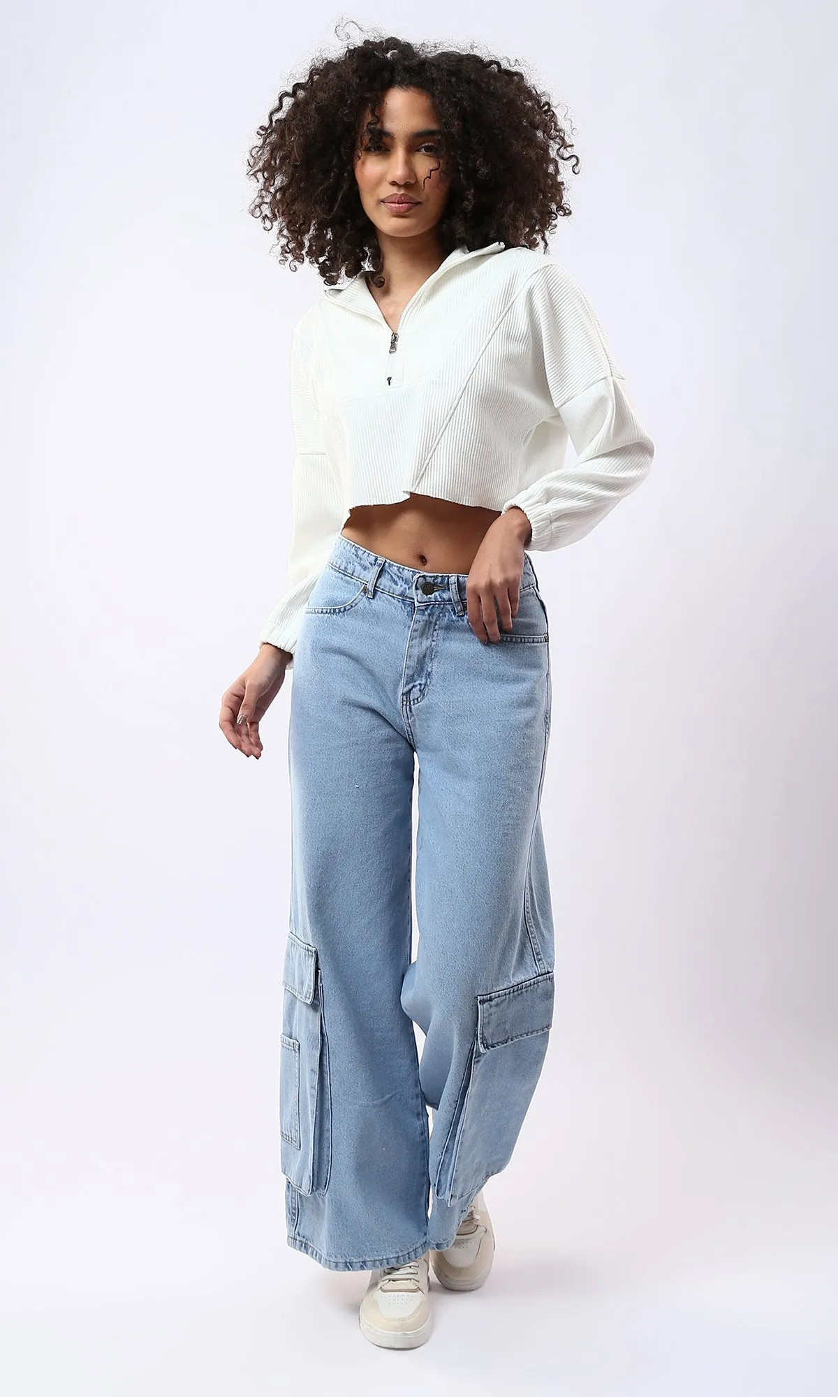 O176602 Long Sleeves Ribbed Off-White Cropped Sweatshirt