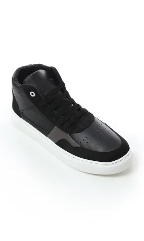 O180406 Lace Up Leather With Suede High-Neck Casual Shoes - Black