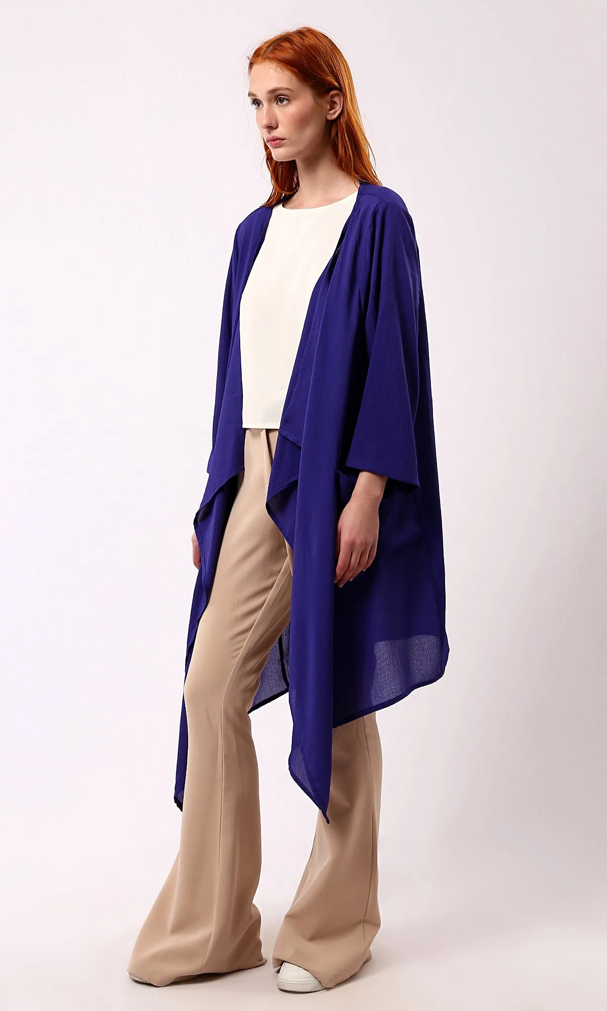 O188297 Dark Blue Solid Slip On Loose Cardigan