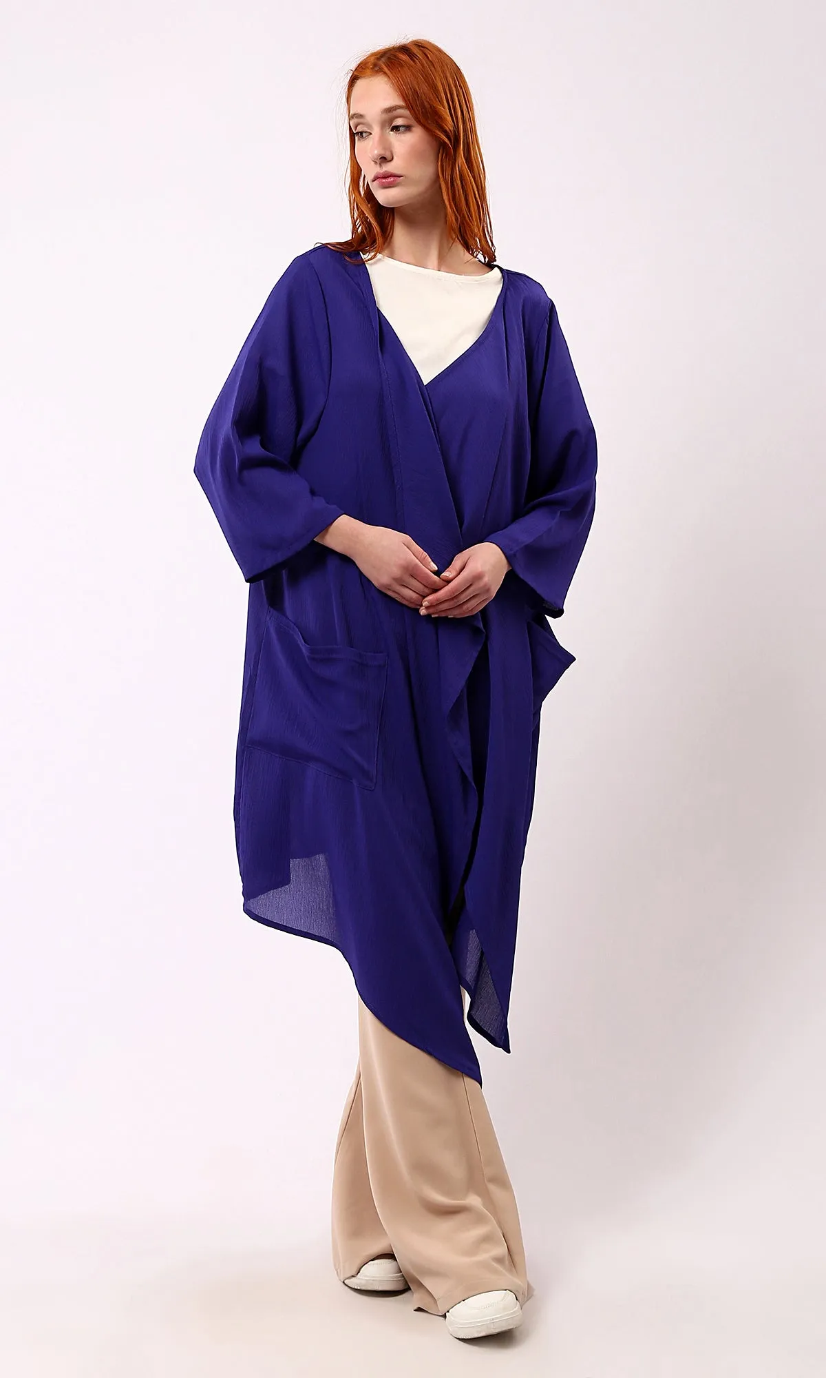 O188297 Dark Blue Solid Slip On Loose Cardigan