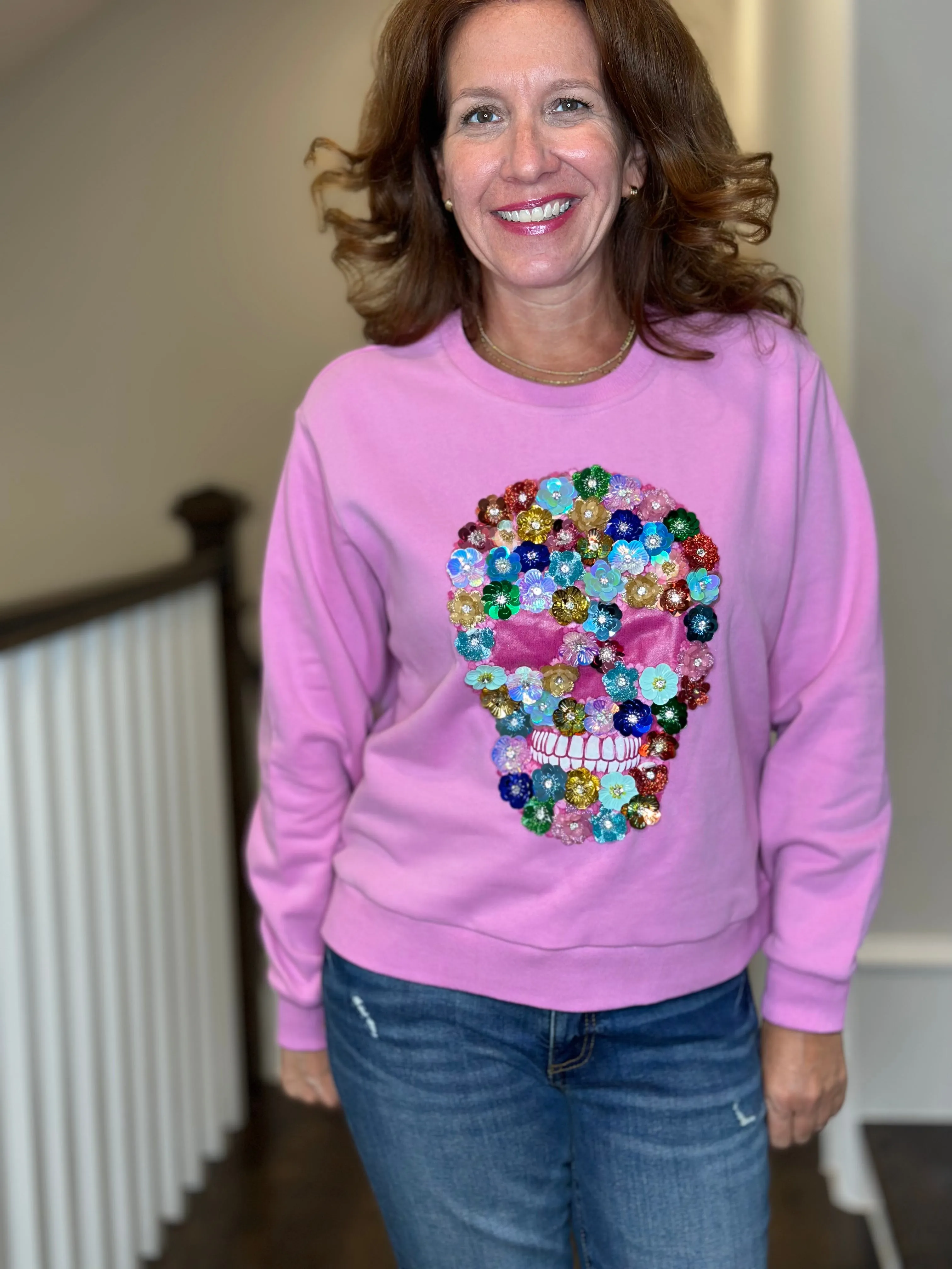 Queen of Sparkles 3D Flower Skull Sweatshirt in Pink