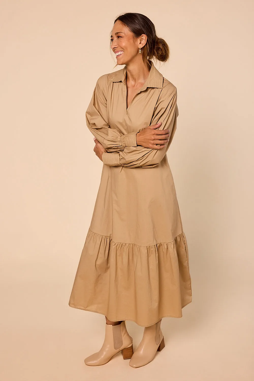 Sabre V-Neck Dress in Camel