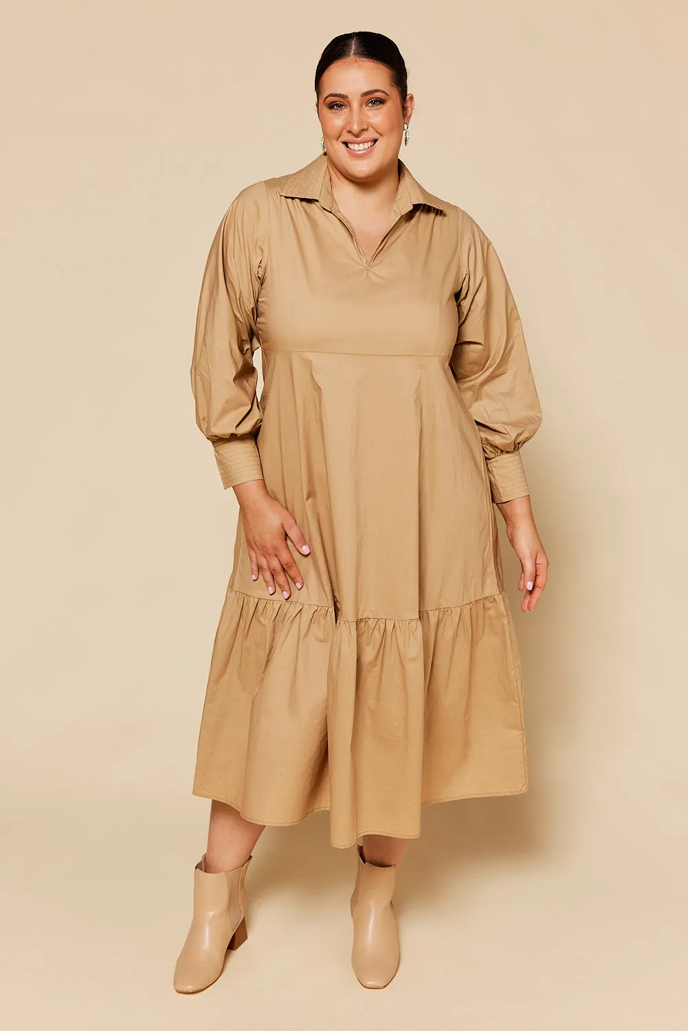 Sabre V-Neck Dress in Camel