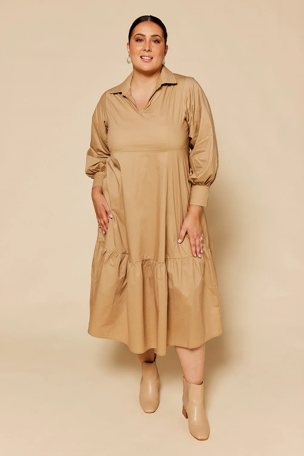 Sabre V-Neck Dress in Camel