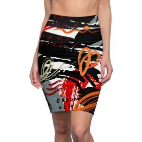 Womens Pencil Skirt, Black Red and Gray Abstract Style